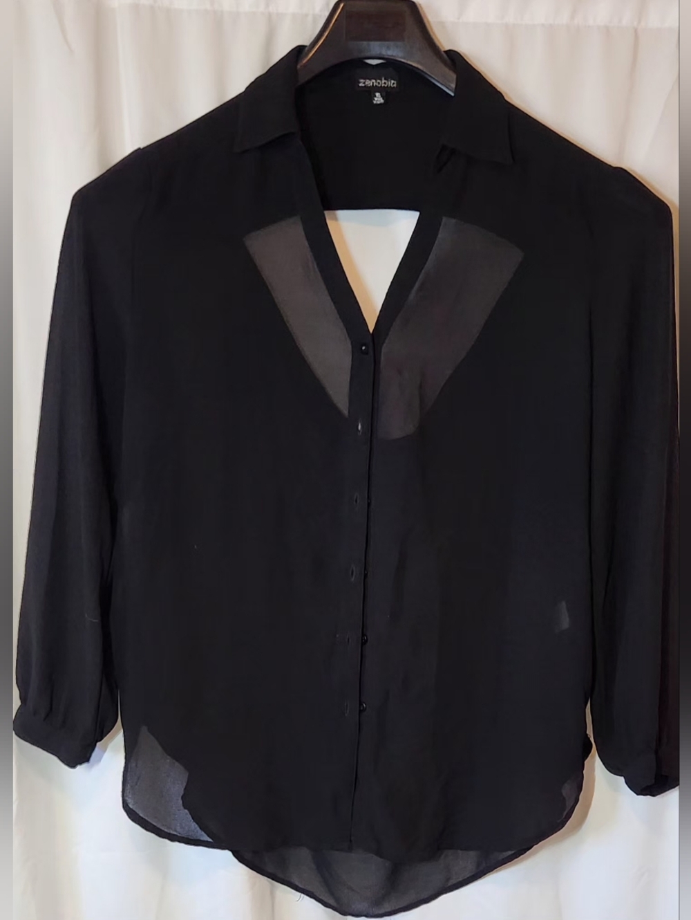 Zenobia Black Sheer Women  Button-Down Shirt With Collard Neckline Size XL